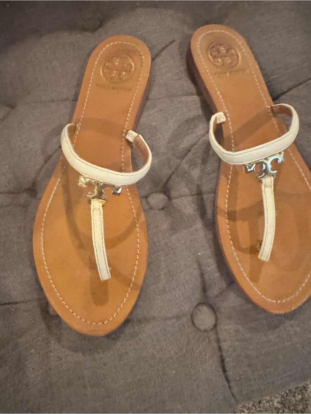 Tory Burch Cream Leather Thong Sandals with Gold Logo